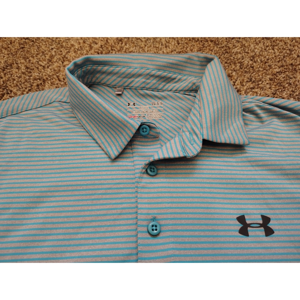 Under Armour Mens HeatGear Striped Golf Polo Shirt Blue Grey Loose Fit Large